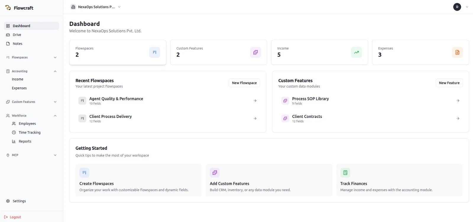 Flowcraft dashboard — welcome, Flowspaces, custom features, and getting started